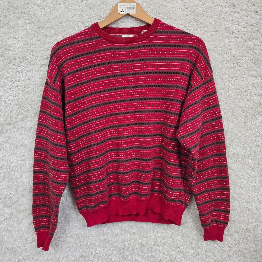 Gap Vintage Fair Isle Striped Sweater Mens Medium Red Cotton Crewneck 90s‎